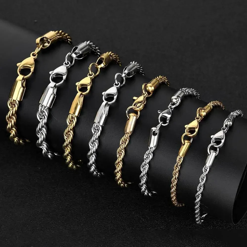 2-6MM Stainless Steel Chain Bracelet For Women Men Gold Twisted Rope Fashion Jewelry