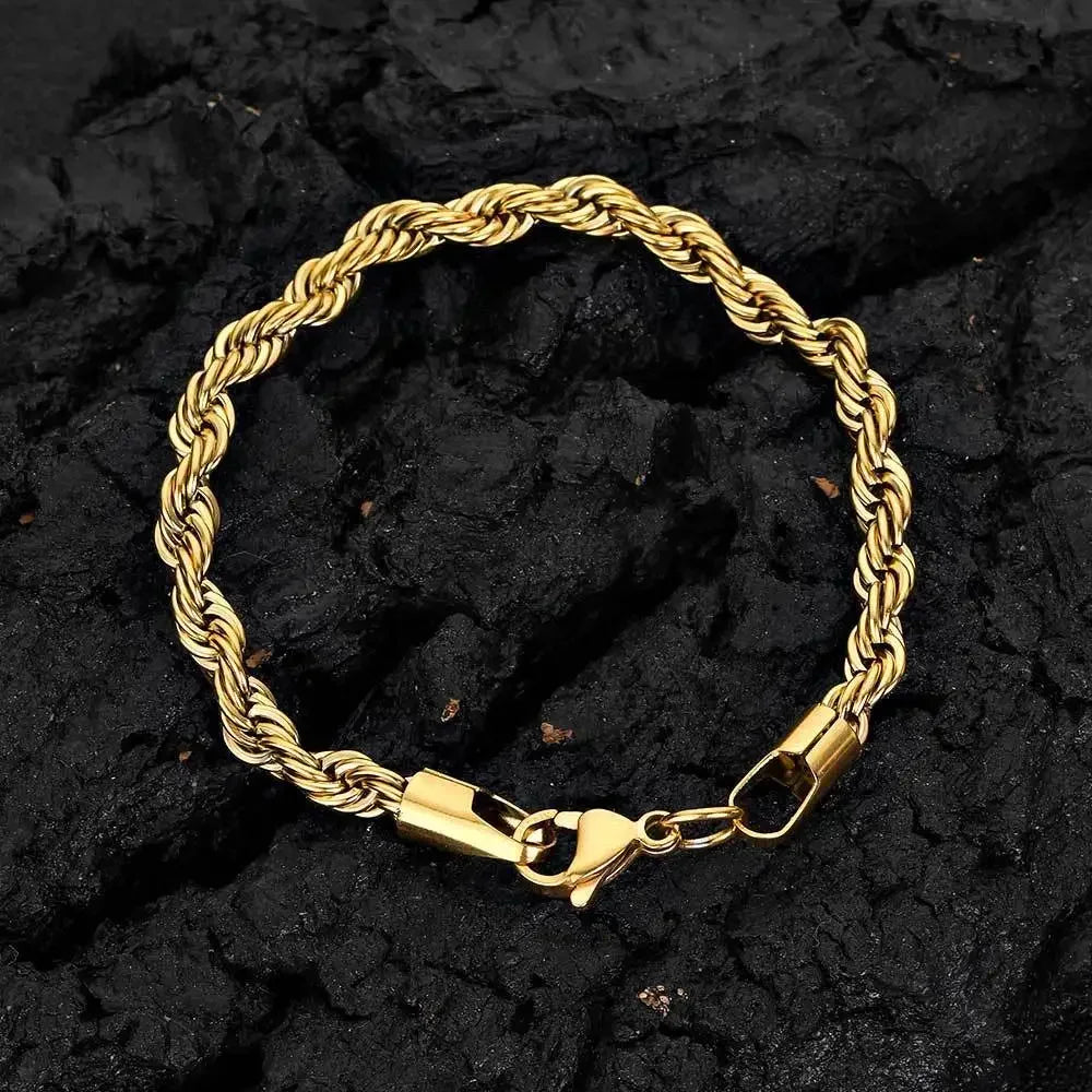 2-6MM Stainless Steel Chain Bracelet For Women Men Gold Twisted Rope Fashion Jewelry