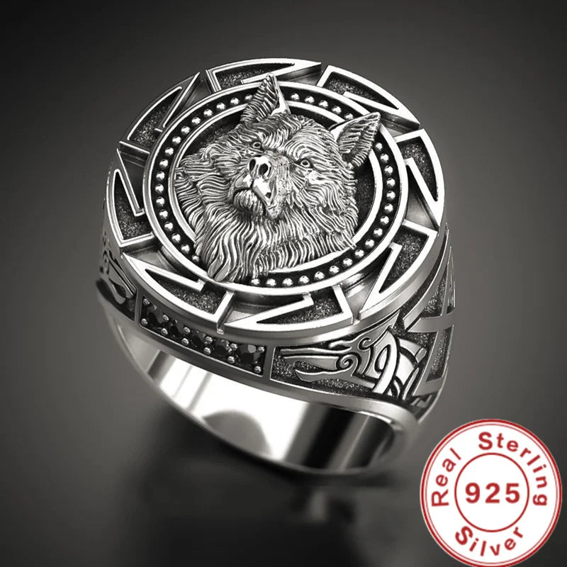 925 Sterling Silver Ring Retro Wolf Totem Men's Ring Classic Warrior Wolf Head