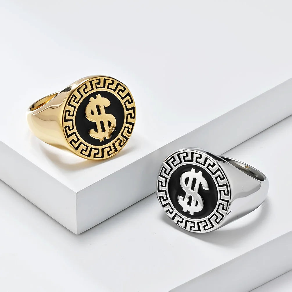 European and American Stylish Hip Hop Dollar Sign Titanium Steel Ring for Men