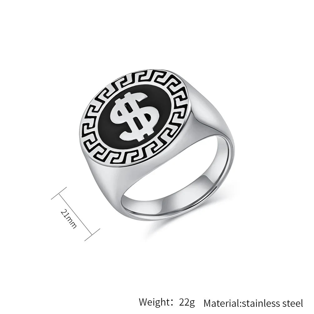 European and American Stylish Hip Hop Dollar Sign Titanium Steel Ring for Men