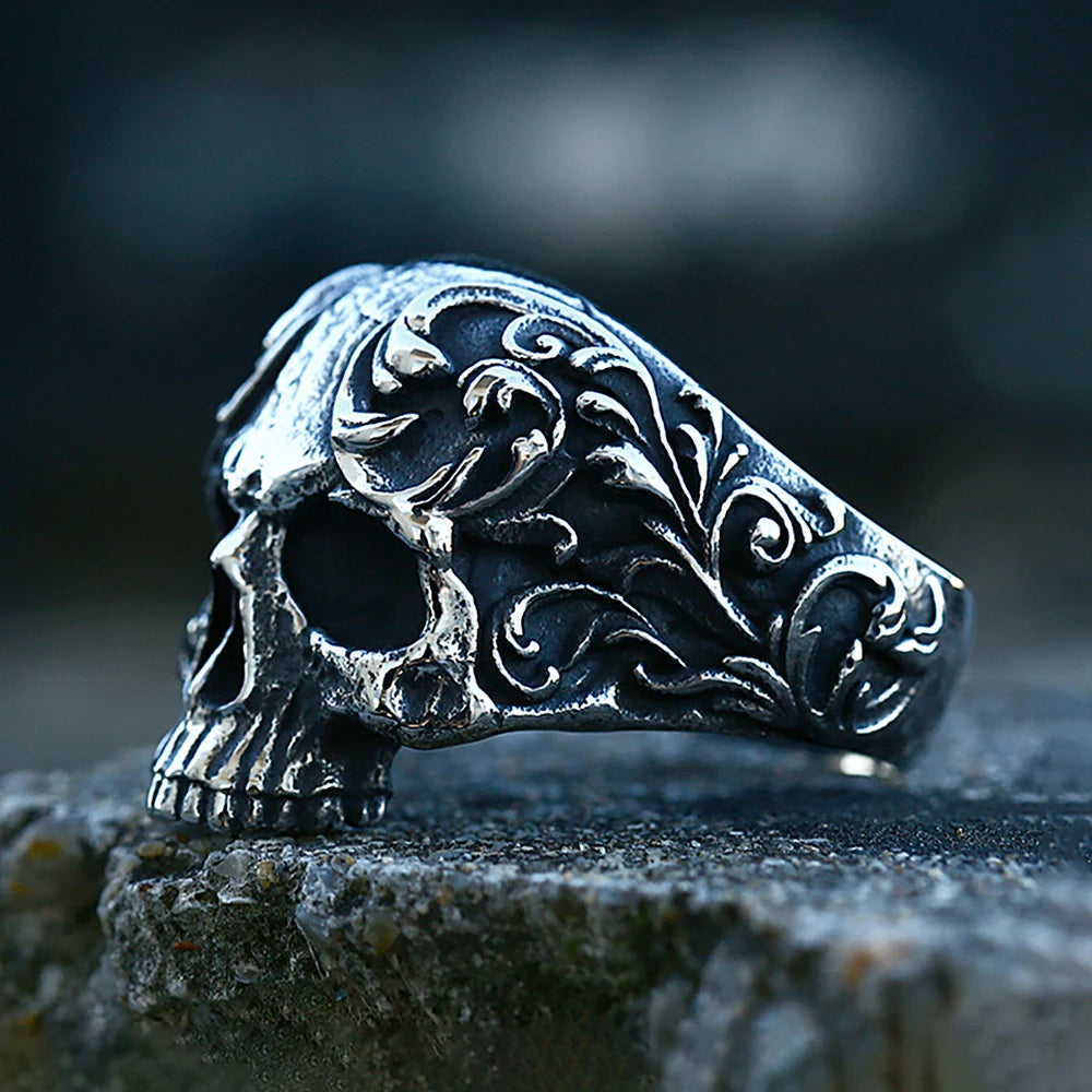 Fashion Vintage Gothic Carved Skull Ring 316L Stainless Steel Punk Jewelry