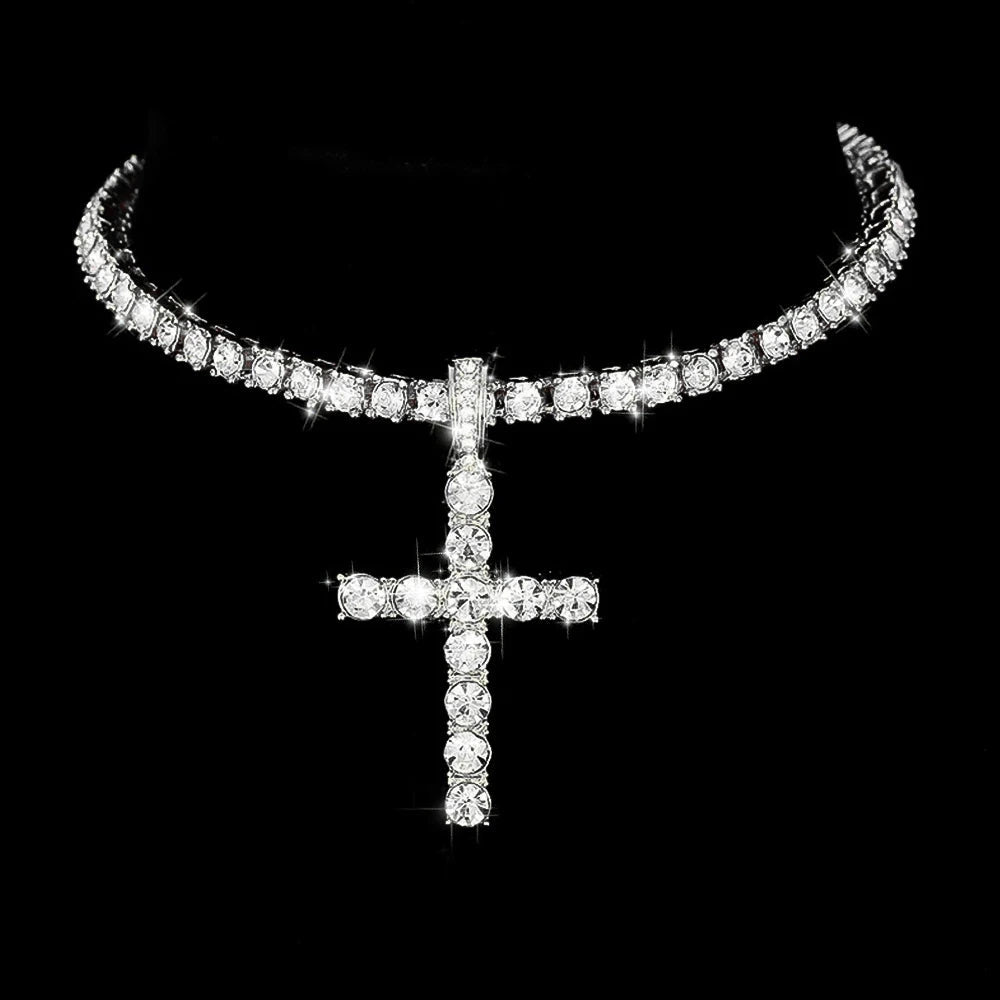 Hip Hop Iced Out Cross Pendant Necklace Chain 4mm Zircon Sparkling Jewelry