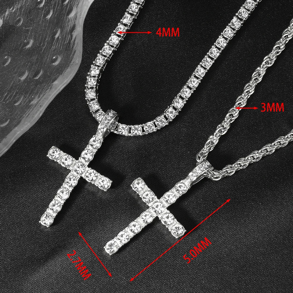 Hip Hop Iced Out Cross Pendant Necklace Chain 4mm Zircon Sparkling Jewelry