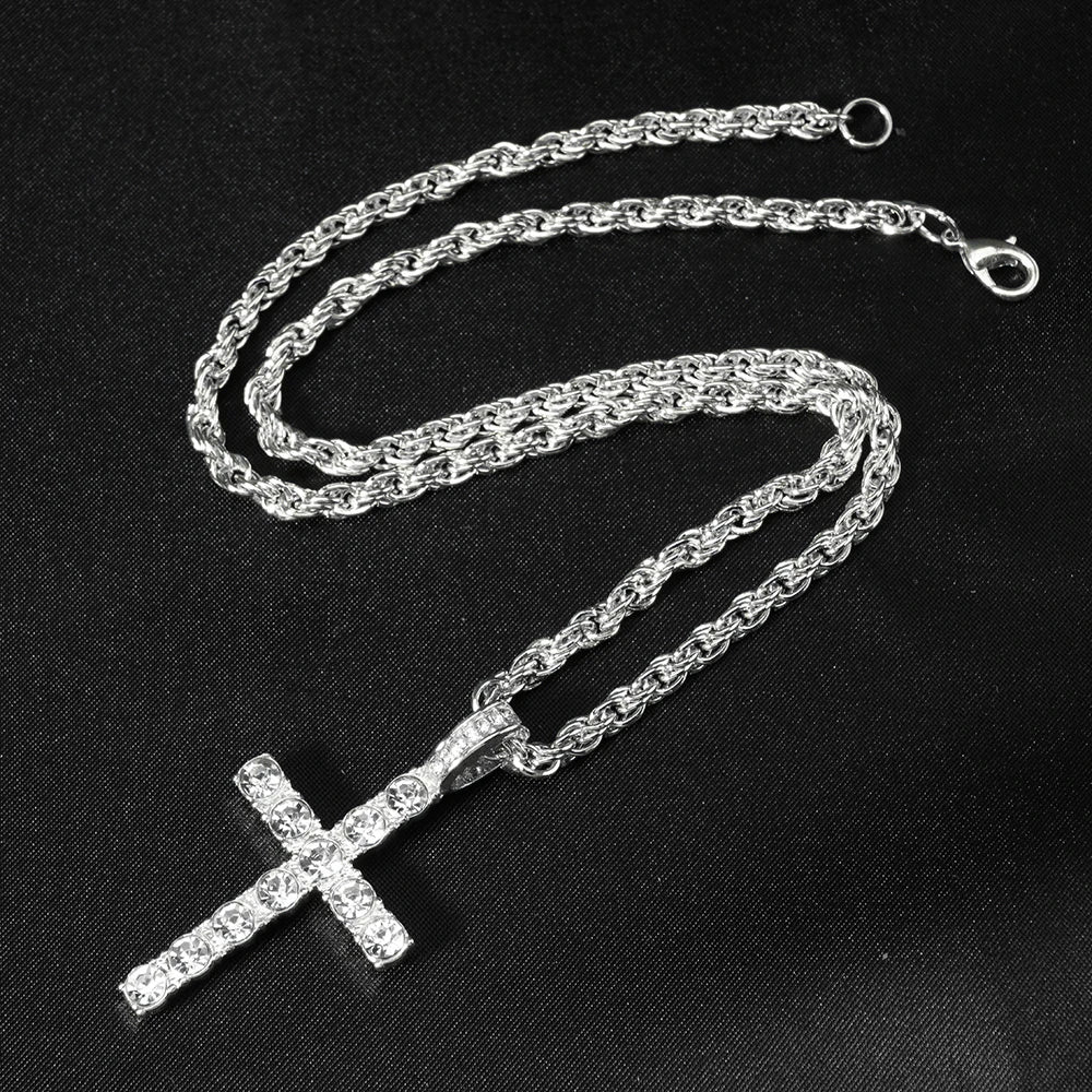 Hip Hop Iced Out Cross Pendant Necklace Chain 4mm Zircon Sparkling Jewelry