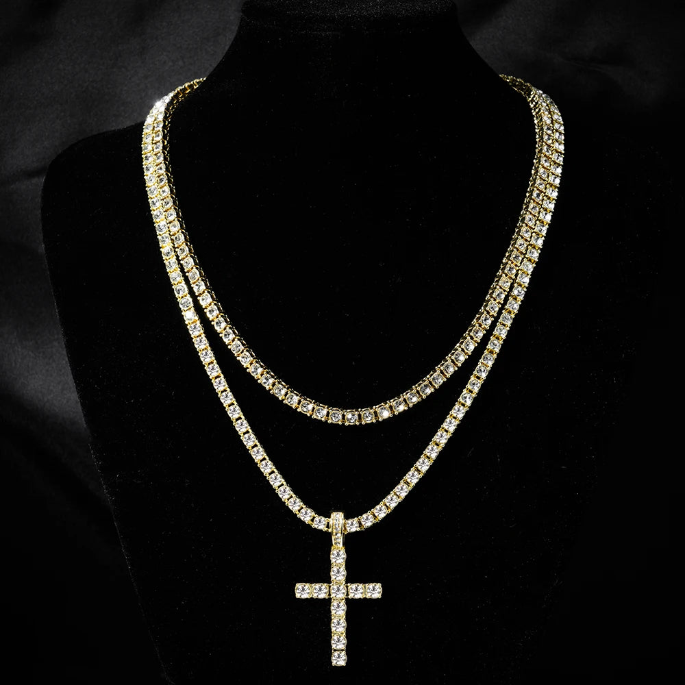 Hip Hop Iced Out Cross Pendant Necklace Chain 4mm Zircon Sparkling Jewelry