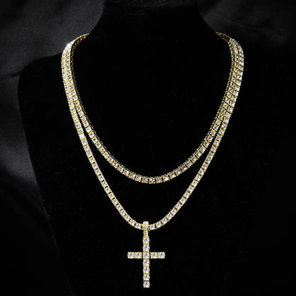 Hip Hop Iced Out Cross Pendant Necklace Chain 4mm Zircon Sparkling Jewelry