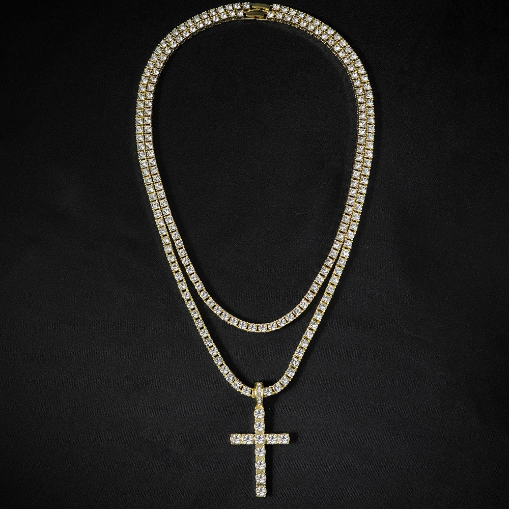 Hip Hop Iced Out Cross Pendant Necklace Chain 4mm Zircon Sparkling Jewelry