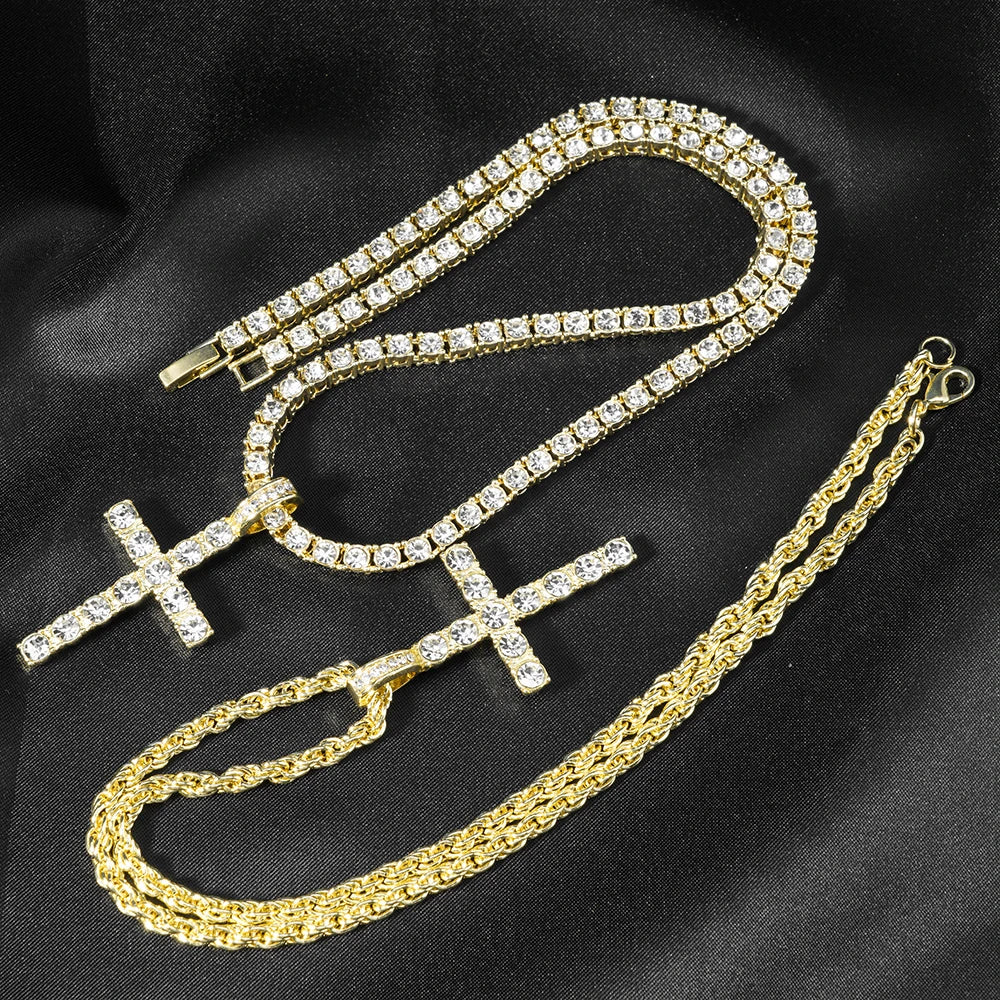 Hip Hop Iced Out Cross Pendant Necklace Chain 4mm Zircon Sparkling Jewelry