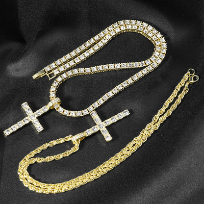 Hip Hop Iced Out Cross Pendant Necklace Chain 4mm Zircon Sparkling Jewelry