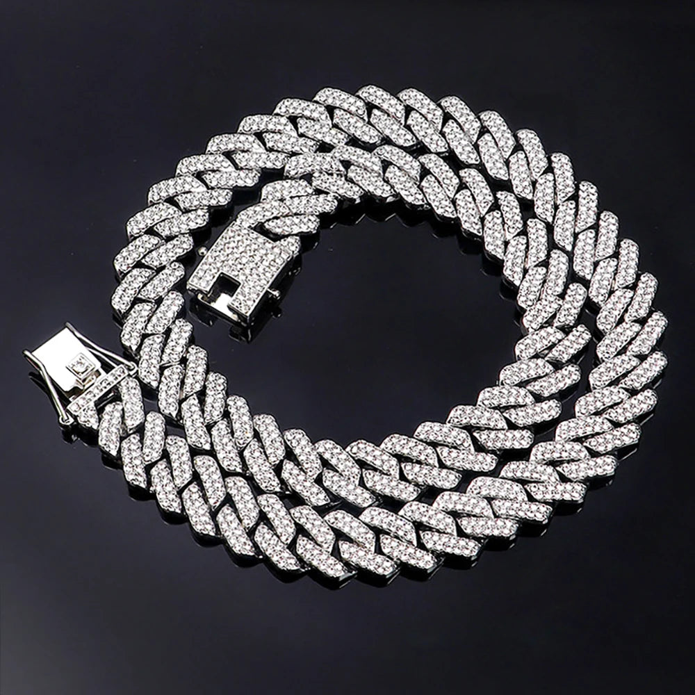 Hip Hop Shiny 15MM Cuban Link Chain Necklace Silver Color Iced Out Punk Jewelry