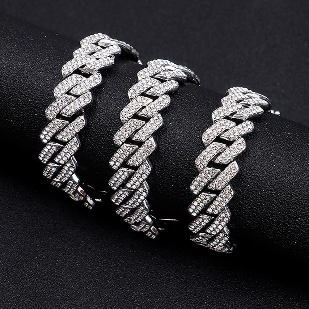 Hip Hop Shiny 15MM Cuban Link Chain Necklace Silver Color Iced Out Punk Jewelry