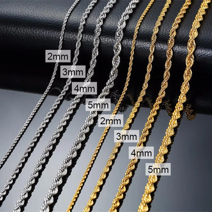 Men Rope Chain Necklace Stainless Steel Minimalist Twist Available in Gold Silver 2 to 5mm