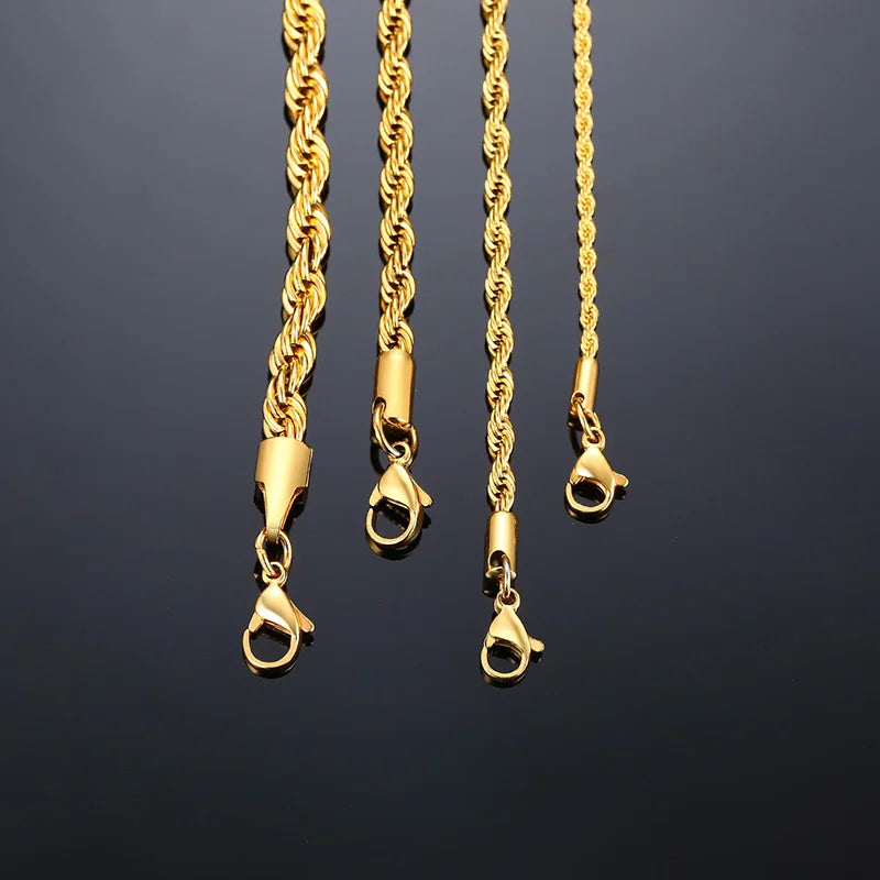 Men Rope Chain Necklace Stainless Steel Minimalist Twist Available in Gold Silver 2 to 5mm