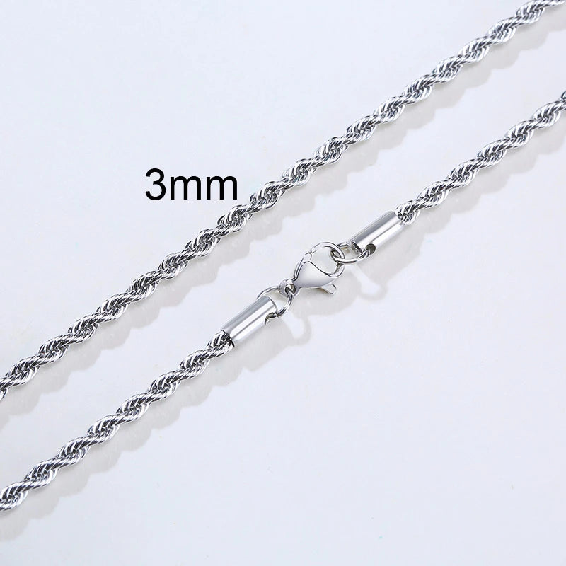 Men Rope Chain Necklace Stainless Steel Minimalist Twist Available in Gold Silver 2 to 5mm