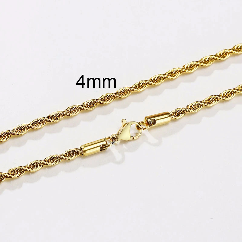 Men Rope Chain Necklace Stainless Steel Minimalist Twist Available in Gold Silver 2 to 5mm