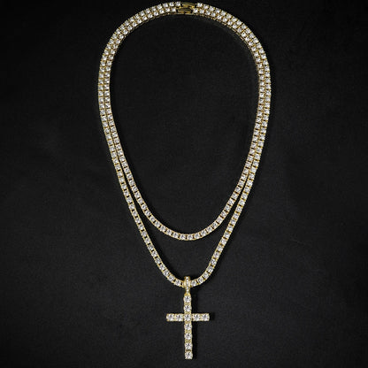 Men Women Hip Hop Cross Pendant Necklace 4mm Zircon Chain Iced Sparkling Jewelry