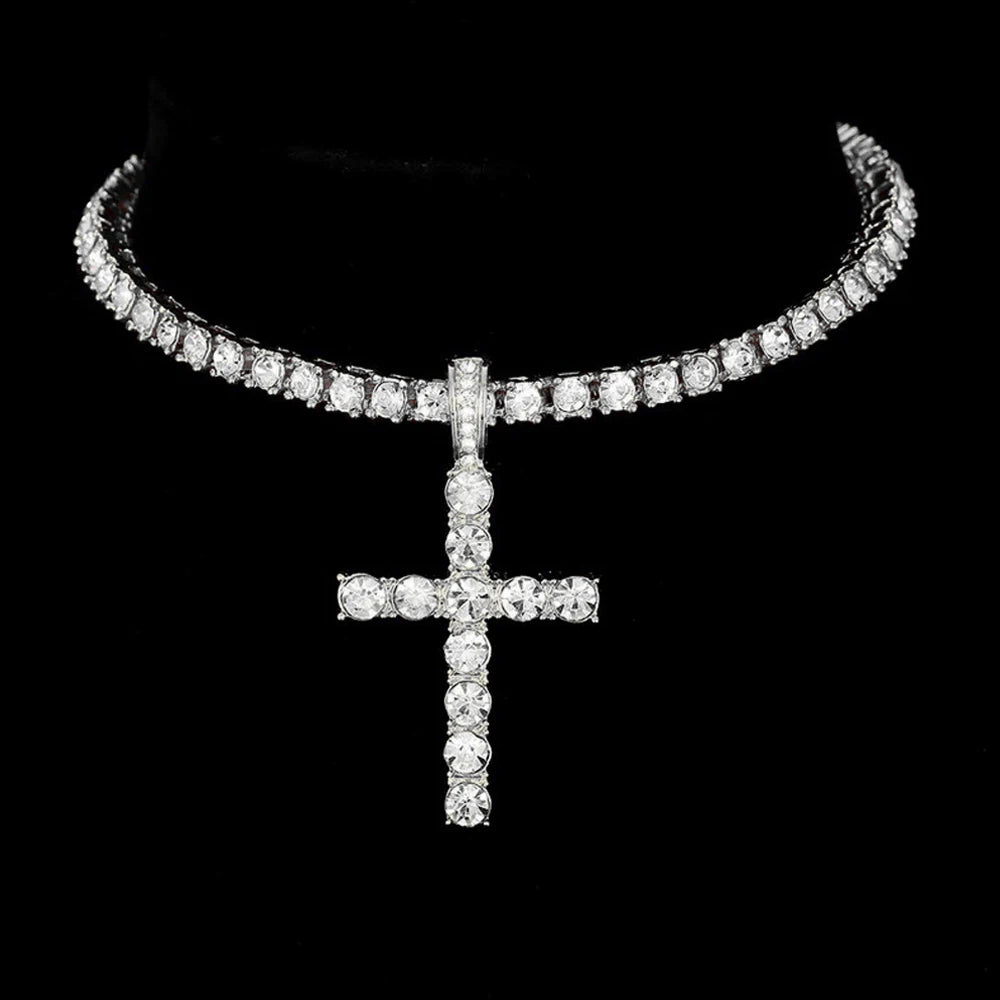 Men Women Hip Hop Cross Pendant Necklace 4mm Zircon Chain Iced Sparkling Jewelry