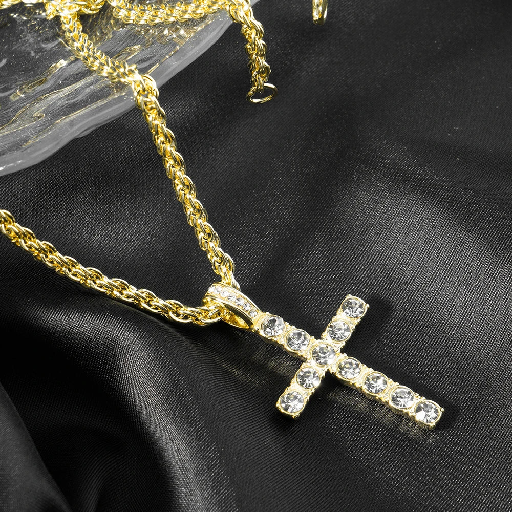 Men Women Hip Hop Cross Pendant Necklace 4mm Zircon Chain Iced Sparkling Jewelry