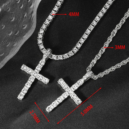 Men Women Hip Hop Cross Pendant Necklace 4mm Zircon Chain Iced Sparkling Jewelry