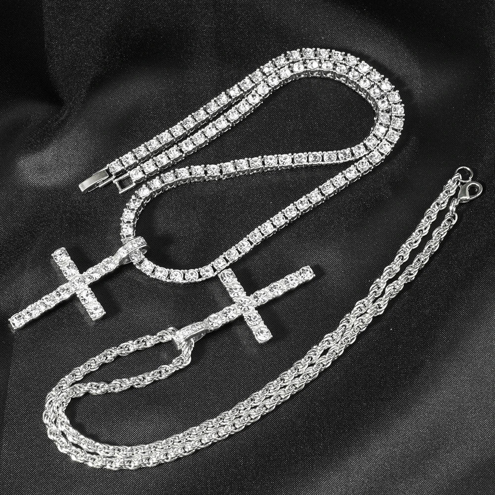 Men Women Hip Hop Cross Pendant Necklace 4mm Zircon Chain Iced Sparkling Jewelry