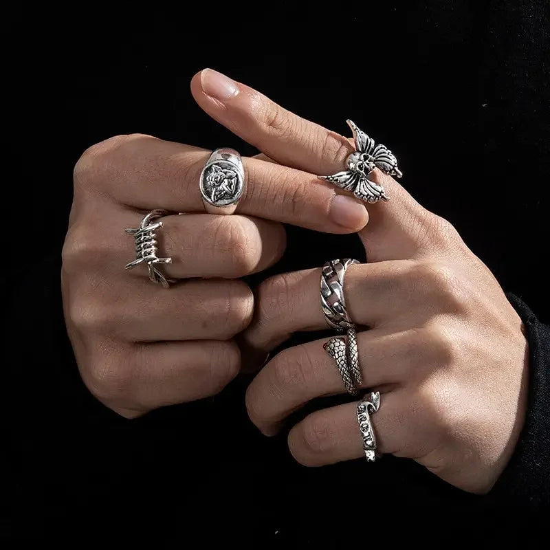 Punk Gothic Skeleton Unisex Ring Set Vintage Metal Grunge Jewelry Gift