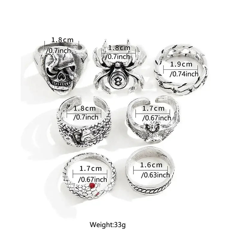 Punk Gothic Skeleton Unisex Ring Set Vintage Metal Grunge Jewelry Gift